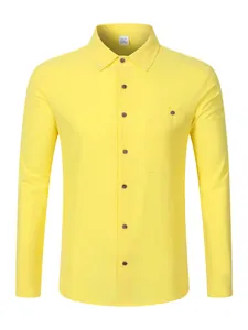 Close-up front view of a vibrant yellow men's casual linen long-sleeved shirt with pocket
