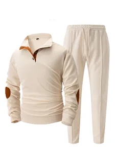 Men's beige waffle knit sweatshirt and pants set with brown elbow patches detail