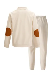 Back view of men's beige waffle knit sweatshirt and pants set with brown elbow patches