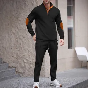 Men's casual two-piece tracksuit set with contrast elbow patches and button collar