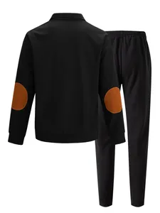 Back view of men's black waffle knit sweatshirt and pants set with brown elbow patches