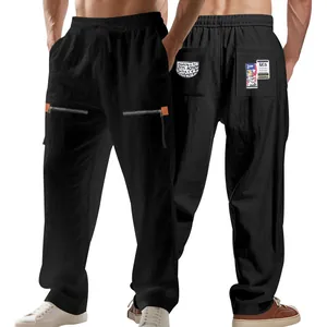 Vue détaillée avant et arrière d'un pantalon décontracté en lin noir pour hommes