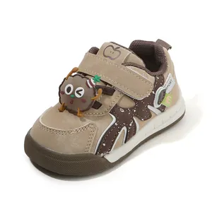 Soft-sole baby walking shoes with cute cartoon character and velcro strap