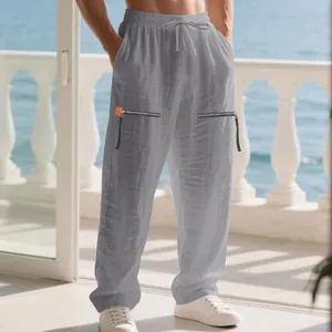 Pantalon décontracté en lin pour homme avec fermetures éclair et cordon de serrage