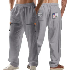 Détails avant et arrière du pantalon en lin ample pour hommes avec fermeture éclair