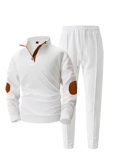 Detail view of men's white waffle knit sweatshirt and pants set with brown elbow patches