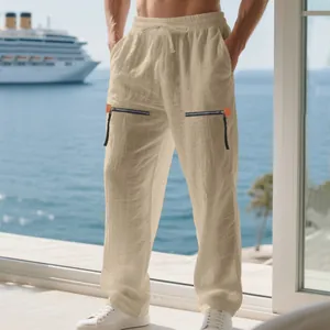Vue détaillée d'un pantalon en lin pour homme avec fermetures éclair et taille à cordon