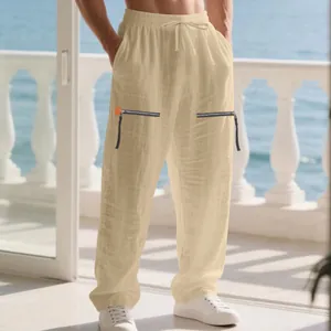 Pantalon décontracté en lin beige pour homme avec des fermetures éclair décoratives