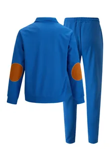 Rear view of blue men's tracksuit set featuring brown oval elbow patches