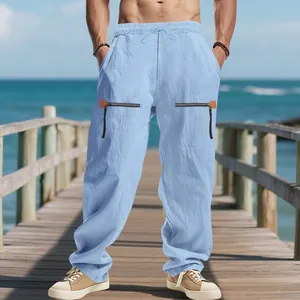 Pantalon décontracté en lin bleu clair pour homme avec détails zippés et cordon