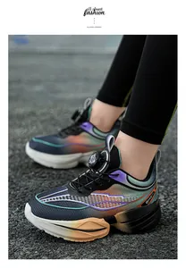 Close-up of boys lightweight running shoes with gradient color design and rotary dial laces