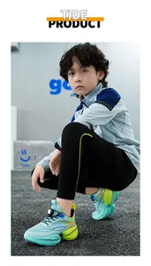 Young boy wearing lightweight cyan mesh running shoes with soft soles for sports class.