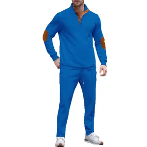 Casual men's blue waffle knit sweatshirt set with stand collar and elbow patches