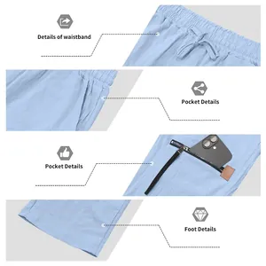Vues détaillées du pantalon décontracté en lin bleu clair pour homme avec cordon de serrage.