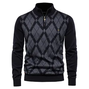 Detail view of men's slim fit argyle knit sweater featuring a stylish half-zip stand collar