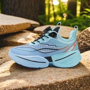 Light blue children's athletic running shoes with breathable mesh and dial lacing