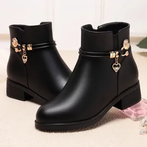 Damen PU Leder Stiefeletten Mit Blockabsatz Strass Herzanhänger Martin Boots Weiche Sohle Warme Schuhe Mit Seitenreißverschluss
