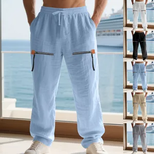 Pantalon Décontracté en Lin Large pour Hommes Streetwear Américain Hip Hop Cordon de Serrage Pantalon Jambe Large Plage