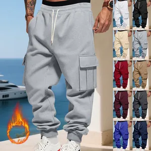 Men's fleece-lined cargo sweatpants with multi-pockets and drawstring waist in multiple colors