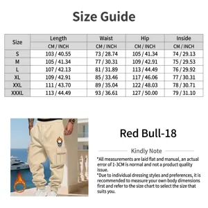 Detailed size chart for men's heavyweight fleece-lined multi-pocket loose cargo sweatpants