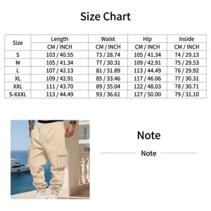 Detailed size measurement chart for men's fleece multi-pocket cargo pants in cm and inches