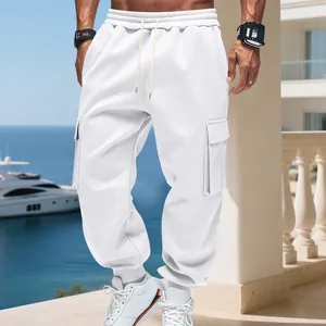 White men's fleece cargo jogger pants with pockets and drawstring detail