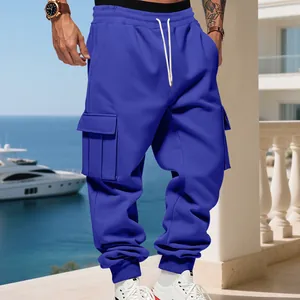 Men's electric blue loose fit cargo sweatpants featuring multi-pockets and drawstring waist