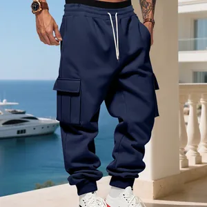 Close-up detail of men's loose navy cargo sweatpants with multi-pockets for casual wear