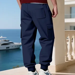Men's navy blue cargo sweatpants with pockets and jogger cuffs for outdoor leisure