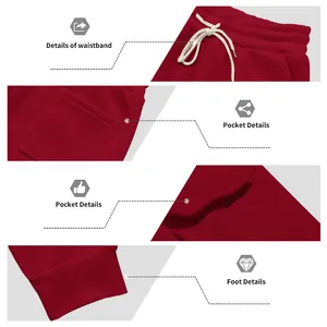 Detailed view of waistband, pockets, and cuffed ankles of red fleece cargo pants.