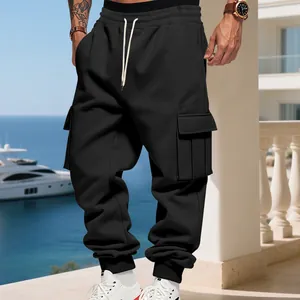 Detail of men's black fleece-lined cargo joggers with adjustable drawstring and side pockets