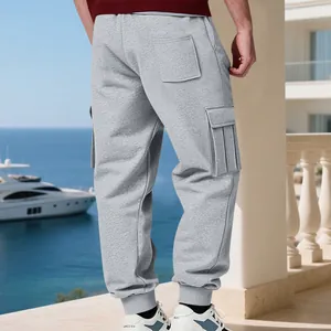 Detailed rear view of men's heavy grey fleece cargo sweatpants with multiple pockets