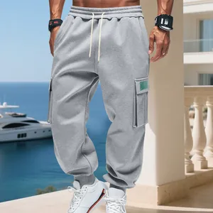 Premium men's heavy fleece cargo sweatpants in light grey featuring multiple pockets
