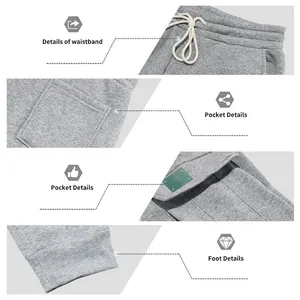 Detail view of waistband, multi-pockets, and ribbed cuffs of men's grey fleece joggers.