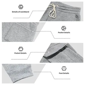 Detailed views of grey men's fleece cargo joggers showing waistband and pockets.