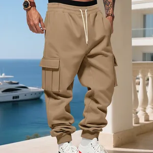 Detailed view of khaki fleece-lined cargo sweatpants with drawstring waist