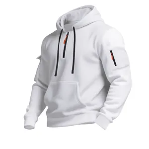Weißes Kapuzen-Sweatshirt für Herren mit taktischen Ärmeltaschen und weichem Fleecefutter
