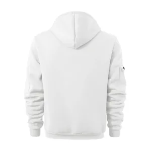 Rückansicht eines weißen Herren-Fleece-Hoodies mit einer praktischen Ärmeltasche.