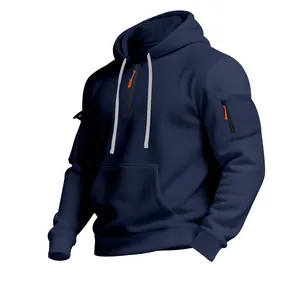 Marineblauer Herren-Fleece-Hoodie mit Halbreißverschluss und Reißverschlusstasche am Arm