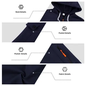 Detailaufnahmen von Kapuze, Ärmeltaschen und Stofftextur des dunkelblauen Herren-Hoodies