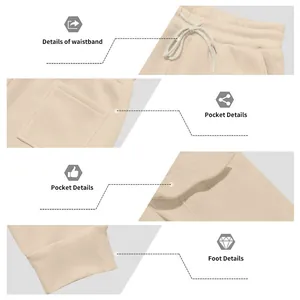 Detailed views of men's beige fleece cargo pants featuring drawstring and pockets info