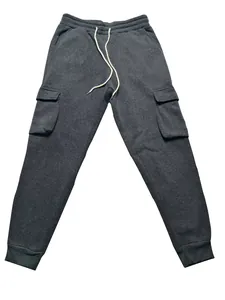 Men's dark grey fleece cargo sweatpants featuring drawstring waist and side pockets