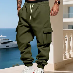 Men's olive green American style fleece cargo sweatpants with multi-pockets and drawstring