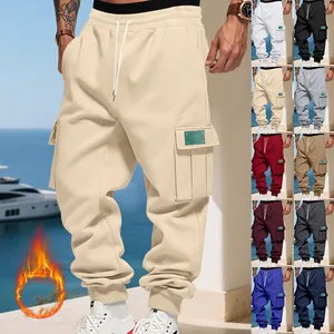 Men Heavyweight Fleece Cargo Sweatpants Loose Fit Multi-Pocket Joggers American Streetwear Warm Winter Casual Bottom