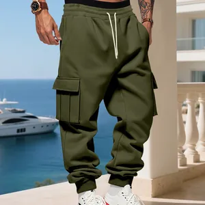 Detail view of olive green cargo sweatpants with large side pockets and drawstring