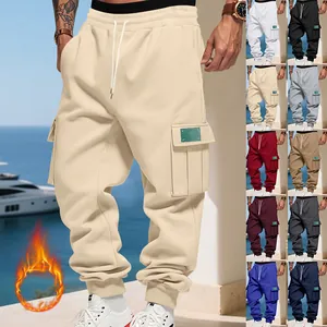 Men Heavyweight Fleece Cargo Sweatpants Winter Warm Loose Multi-Pocket Outdoor Casual Cuffed Track Pants