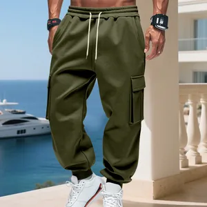 Detailed view of men's olive green cargo sweatpants with drawstring and side pockets