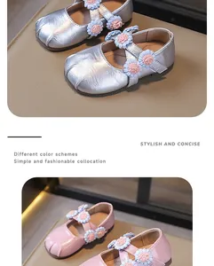 Detailed close-up showing children's floral Mary Jane shoes in silver and pink finishes.