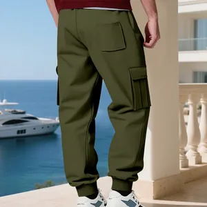 Detailed back view of army green men's fleece-lined cargo sweatpants with multi-pockets