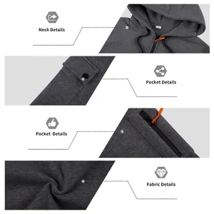 Nahaufnahmen des grauen Herren-Kapuzenpullovers mit Details zu Kragen, Taschen und Stoff.